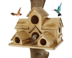 Houten Vogelhuisje Buiten met 6 Gaten - Decoratief Vogelhuis voor Tuin en Balkon