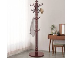 Houten vrijstaande kapstok met stevige ronde basis en 14 haken