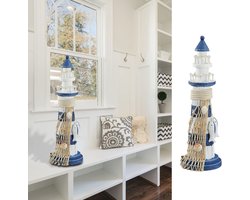 Houten Vuurtoren Decoratie | 33 cm Hoog | Maritiem Design met Vissen en Net