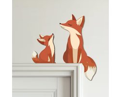 Houten Wand Decoratie Vosjes - Hout - 20cm hoog - Mama Vos - Baby Vosje - Bevestigen met plakstrip - Babykamer - Kinderkamer - Muur Deco