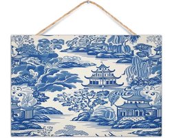 Houten Wandbord - Decoratief Bord - Woonkamer Decoratie - Chinoiserie Stijl - 12x8 inch - Witblauw
