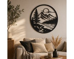 Houten Wanddecoratie Rond Zwart – Berglandschap met Zon en Bos – Natuur Muurdecoratie – Moderne Interieur Decoratie voor Woonkamer Slaapkamer Hal – Laser Gesneden Hout – Stijlvolle Wandhanger Cadeau