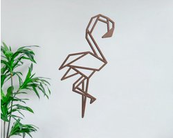 HOUTEN WANDDECORATIE / WOODEN WALL DECORATION - GEOMETRISCHE MUURDECORATIE / GEOMETRIC WALL ART - FLAMINGO - 26 x 50cm - DONKER HOUT / DARK WOOD - ORIGAMI DESIGN WANDFIGUUR - TRENDY & HIP WOONKAMER - DIEREN - VOGELS