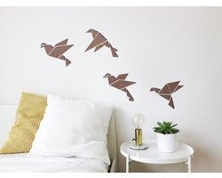 HOUTEN WANDDECORATIE / WOODEN WALL DECORATION - GEOMETRISCHE MUURDECORATIE / GEOMETRIC WALL ART - VOGELS / BIRDS (x4) - 48 x 40cm (per vogel/bird) - DONKER HOUT / DARK WOOD - ORIGAMI DESIGN WANDFIGUUR - ECHT HOUT - REAL WOOD