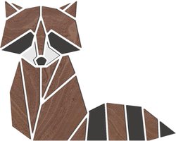 HOUTEN WANDDECORATIE / WOODEN WALL DECORATION - GEOMETRISCHE MUURDECORATIE VOOR KINDERKAMER / GEOMETRIC WALL ART FOR KIDS ROOM - WASBEER / RACCOON - 63 x 50cm - DONKER HOUT / DARK WOOD - ORIGAMI DESIGN WANDFIGUUR - DIEREN - BABYKAMER - DECO