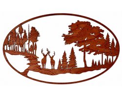 Houten wanddecoratie - Wooden wall decoration | Hert in bos (ovaal) 50 x 80cm Deer in forest (oval) | Donker hout - Dark wood | Muurdecoratie - Wall art - Wandfiguur - Echt Hout - Real Wood - Natuur - Wild - Ardennen