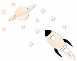 Houten wanddecoratie - Wooden wall decoration | Kosmos 128 x 88cm Cosmos | Licht hout - Natural wood | Muurdecoratie kinderkamer - Wall art for kids room - Wandfiguur - Babykamer - Astronaut - Ruimte - Space - Wetenschap - Science