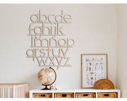 HOUTEN WANDDECORATIE / WOODEN WALL DECORATION - MUURDECORATIE VOOR KINDERKAMER / WALL ART FOR KIDS ROOM - ALFABET / ALPHABET - 70 x 57cm - LICHT HOUT / NATURAL WOOD - WANDFIGUUR - BABYKAMER - ABC