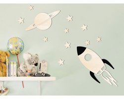 HOUTEN WANDDECORATIE / WOODEN WALL DECORATION - MUURDECORATIE VOOR KINDERKAMER / WALL ART FOR KIDS ROOM - KOSMOS / COSMOS - 128 x 88cm - LICHT HOUT / NATURAL WOOD - WANDFIGUUR - BABYKAMER - ASTRONAUT - RUIMTE / SPACE - WETENSCHAP / SCIENCE