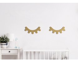 HOUTEN WANDDECORATIE / WOODEN WALL DECORATION - MUURDECORATIE VOOR KINDERKAMER / WALL ART FOR KIDS ROOM - SLAPERIGE OGEN / SLEEPY EYES - 60 x 14cm - GOUD / GOLD - WANDFIGUUR - BABYKAMER - SLAPEN