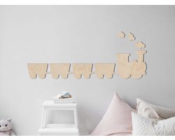 HOUTEN WANDDECORATIE / WOODEN WALL DECORATION - MUURDECORATIE VOOR KINDERKAMER / WALL ART FOR KIDS ROOM - TREINTJE EN WAGON / TRAINS - 103 x 25cm - LICHT HOUT / NATURAL WOOD - WANDFIGUUR - BABYKAMER - KIDS - DECO - LOCOMOTIEF