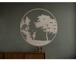 HOUTEN WANDDECORATIE / WOODEN WALL DECORATION - MUURDECORATIE / WALL ART - HERT IN BOS / DEER IN FOREST - 45 x 45cm - LICHT HOUT / NATURAL WOOD - WANDFIGUUR - ECHT HOUT - REAL WOOD - NATUUR - WILD - ARDENNEN