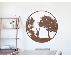 HOUTEN WANDDECORATIE / WOODEN WALL DECORATION - MUURDECORATIE / WALL ART - HERT IN BOS / DEER IN FOREST - 95 x 95cm - DONKER HOUT / DARK WOOD - WANDFIGUUR - ECHT HOUT - REAL WOOD - NATUUR - WILD - ARDENNEN