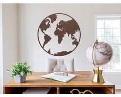 HOUTEN WANDDECORATIE / WOODEN WALL DECORATION - MUURDECORATIE / WALL ART - HOUTEN WERELDKAART - WERELDBOL / WOODEN WORLD MAP - EARTH GLOBE - 70 x 70cm - DONKER HOUT / DARK WOOD - WANDFIGUUR / LANDEN ECHT HOUT - REAL WOOD ROND
