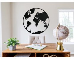 HOUTEN WANDDECORATIE / WOODEN WALL DECORATION - MUURDECORATIE / WALL ART - HOUTEN WERELDKAART - WERELDBOL / WOODEN WORLD MAP - EARTH GLOBE - 70 x 70cm - ZWART / BLACK - WANDFIGUUR / LANDEN ECHT HOUT - REAL WOOD ROND