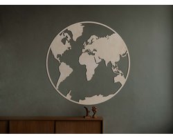 HOUTEN WANDDECORATIE / WOODEN WALL DECORATION - MUURDECORATIE / WALL ART - HOUTEN WERELDKAART - WERELDBOL / WOODEN WORLD MAP - EARTH GLOBE - 95 x 95cm - LICHT HOUT / NATURAL WOOD - WANDFIGUUR / LANDEN ECHT HOUT - REAL WOOD ROND