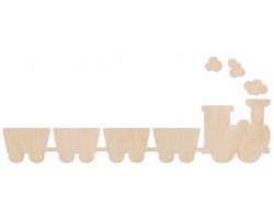 Houten wanddecoratie - Wooden wall decoration | Treintje en wagon 103 x 25cm Trains | Licht hout - Natural wood | Muurdecoratie kinderkamer - Wall art for kids room - Wandfiguur - Babykamer - Kids - Deco - Locomotief