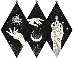 Houten wanddecoraties Boho - 3 stuks zwart houten slingerbord - hand zon oog maan kristal slang muur opknoping ornament - ruit muurkunst met tarotpatronen voor hekserij - Wicca altaarbenodigdheden