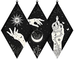 Houten wanddecoraties Boho set van 3 - Muurdecoratie met zon, oog, maan en tarotpatronen voor hekserij en Wicca