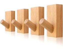 Houten Wandhaakjes Set van 4 – Natuurlijk Hout – Montage Zonder Boren – Voor Jas en Hoed – Voor Binnen en Buiten – 4 Stuks – Natuurlijke Kleur
