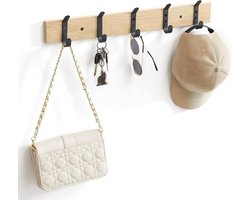 Houten Wandkapstok 55 cm Licht Eiken met Zwarte Haken - Compacte Kledinghanger voor Hal en Slaapkamer