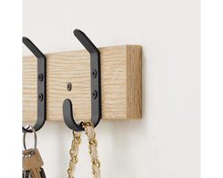 Houten Wandkapstok 55 cm Licht Eiken met Zwarte Haken - Compacte Kledinghanger voor Hal en Slaapkamer