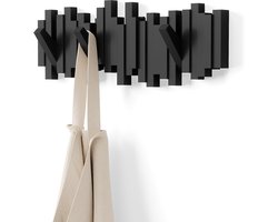 Houten wandkapstok met 5 haken en een verspringend ontwerp, zwart