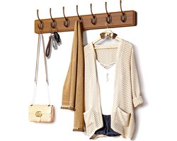 Houten Wandkapstok met 7xDubbele Haak, Wandgarderobe 70 cm Walnoot Massief Hout- Schroefvrije Montage, 25kg Draagvermogen, Aluminium Antiroest (Montagekit) - voor Badkamer/Deur/Garderobe