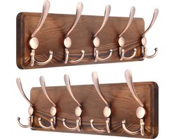 Houten Wandkapstok Set van 2 - Stevige, Rustieke Kapstok met 5 Drievoudige Haken voor Kleding, Jassen en Hoeden in Bruin en Retro Rood