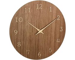 Houten Wandklok Analoog 30 cm - Kwartsklok met Natuurlijke Houtstructuur - Decoratieve Klok voor Woonkamer, Keuken of Kantoor - Hoge Nauwkeurigheid met Lange Batterijduur - Donkerbruine Kleur