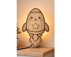 Houten Wandlamp Kinderkamer – Raket Lampje met Warm Licht – Babykamer Nachtlamp – Handgemaakt LED Wandlamp
