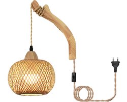 Houten wandlamp met schakelaar en stekker - Boho lampenkap rotan - 300 cm kabel E27 - slaapkamer woonkamer hal (zonder gloeilamp)