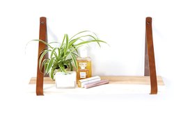 Houten Wandplank 60 cm | incl. Bruine leren banden | Live Edge | Unieke vorm, kleur en uitstraling