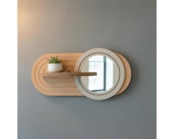 **Houten Wandplank met Spiegel – Scandinavische Wanddecoratie voor Hal, Entree en Gang – Wandorganizer met Ronde Spiegel – Nordic Interieur**