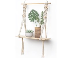 Houten Wandplank voor Bohemian Decoratie - Hangplank voor Woonkamer, Badkamer en Balkon met Macramé Design