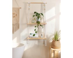 Houten wandrek met boho decoratie en handgeweven macramé kwastje - zwevende plank voor balkon, slaapkamer, badkamer en meer