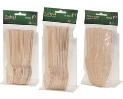 Houten wegwerp bestek pakket 75-delig - voor 25 personen - messen/vorken/lepels - 16 cm - BBQ/verjaardag/picknick bestek berkenhout