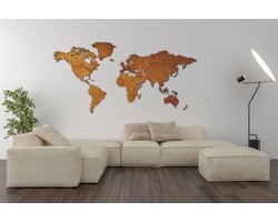 Houten Wereldkaart Groot PREMIUM | ECHT HOUT - Warme kleur - Volledig Duurzaam - Landkaart - 170 x 85 CM - Wanddecoratie - Muurdecoratie- Design