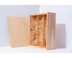 Houten wijnkist 3-vaks – Luxe geschenkdoos voor 3 flessen wijn – Inclusief gratis houtwol vulling