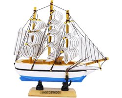 Houten zeilboot model van 16 cm - vintage maritieme decoratie voor thuis en op kantoor - handgemaakt houten zeilschip met standaard