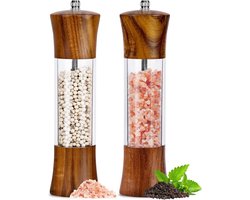 Houten Zout- en Pepermolen Set - 2 Stuks Handmatige Kruidenmolens - Sterke Verstelbare Keramische Maalgang - Transparant Acryl - Keuken Specerijmolen voor Zeezout en Peper - Bruin en Transparant - 2 Stuks