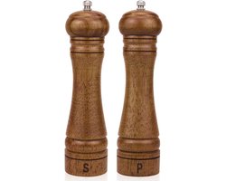 Houten Zout- en Pepermolenset, Zoutmolen & Pepermolen Set, Pepermolen, Zoutstrooiers met Verstelbare Keramische Rotor - Eikenhouten Pepermolen voor uw Keuken 8 inch - 2 stuks