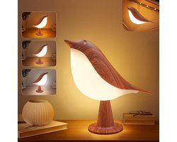 Houtkleur bureaulamp - vogel lamp met 3 kleurtemperatuur en aanraaksensor - draadloze kinderlamp met oplaadbare batterij - voor slaapkamer, nachtkastje, nachtkastje, auto decoratieve verlichting