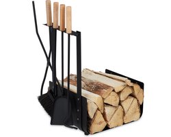 houtmand binnen - 4 delige haardset - met openhaard gereedschap - zwart