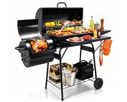 Houtskool BBQ XXL - Houtskool Grill met Offset Smoker - BBQ-grill met Zijtafel - Buiten Koken - Kamperen en Picknicken in de Tuin - Terras en Feestjes - Smoker Barbecue Zwart