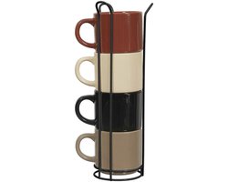 HowHomely - Mugsy Serie - Set van 4 Keramische Bekers - Ceglasty, Beige, Karmelien en Zwart - Met Metalen Standaard