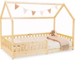 Howtoplay® Montessori Vloerbed met huisje (200 x 90 CM) - Naturel Hout - van de makers van Howtotalk en How2talk2kids - Kinderbed geïnspireerd op Montessori principe - met Uitvalbescherming - Peuterbed - kinderbedden 90 x 200 cm