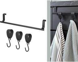 Hoya living - Handdoekhouder keukenkastje - VALI 36cm Zwart + 3x leren S-haak hanger - Voor 3 handdoekjes - inclusief nano plakstrips