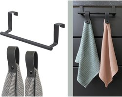 Hoya living - Handdoekrek keukenkastje - VALI 23cm Zwart + 2x leren magneet-lus handdoekhaakjes - Voor 2 handdoekjes - zonder boren