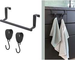 Hoya living - Handdoekrek keukenkastje - VALI 23cm Zwart + 2x leren S-haak hanger handdoekhaakjes - Voor 2 handdoekjes - zonder boren